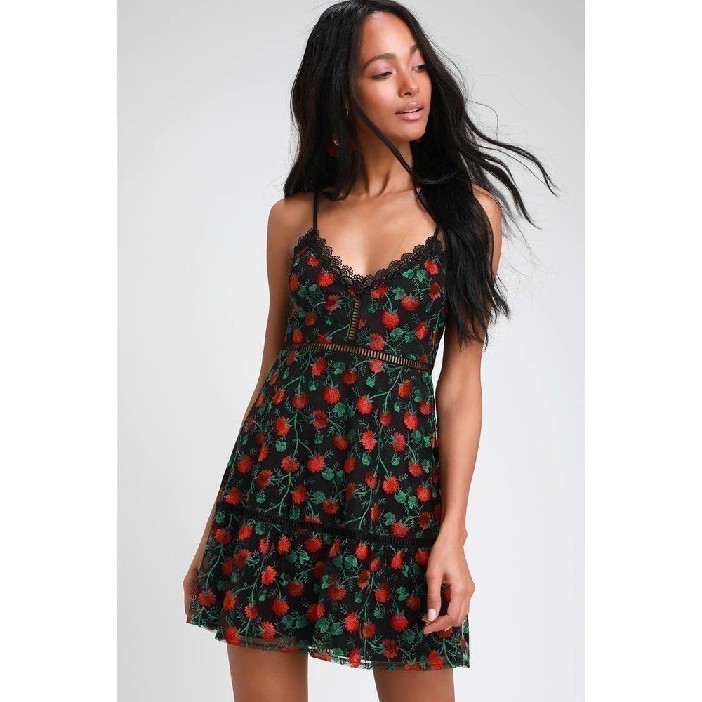 JACK by BB Dakota Nothin to Mesh With Black Floral Embroidered Skater Dress NEW